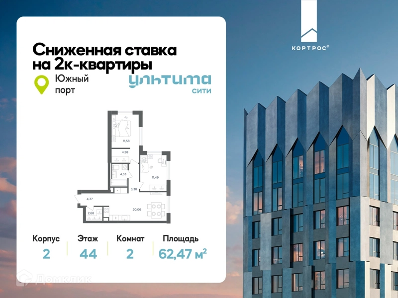 2-комнатная квартира 62.47 м² УЛЬТИМА Сити