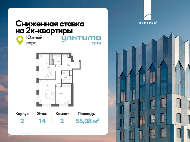 2-комнатная квартира 55.08 м² УЛЬТИМА Сити