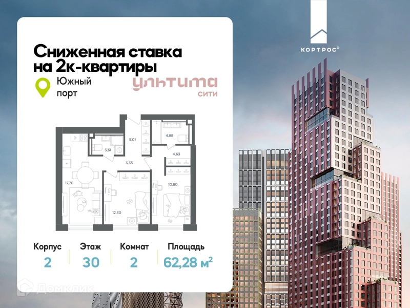 2-комнатная квартира 62.28 м² УЛЬТИМА Сити