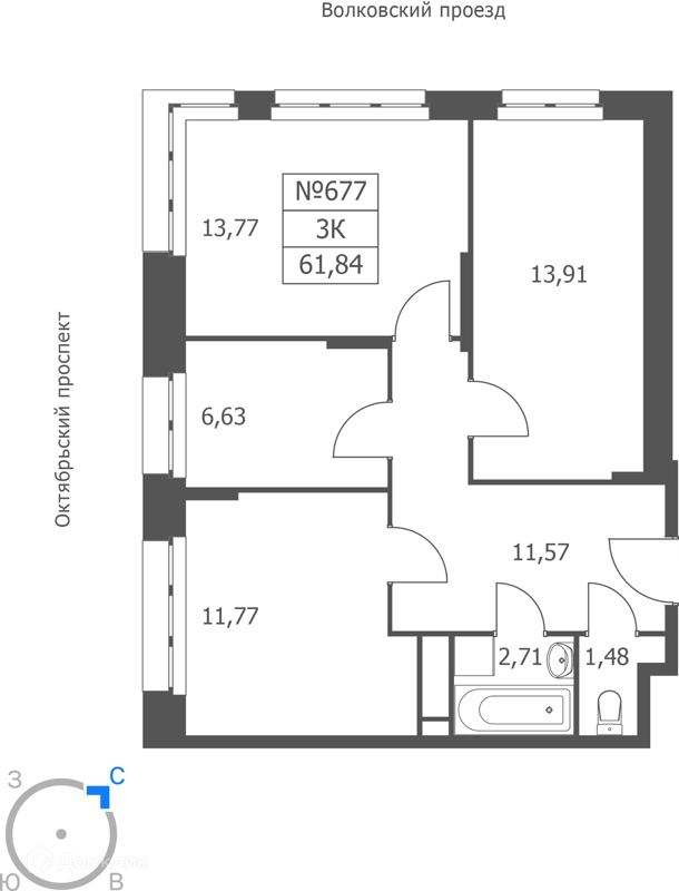 3-комнатные апартаменты 62 м² Волковская 67