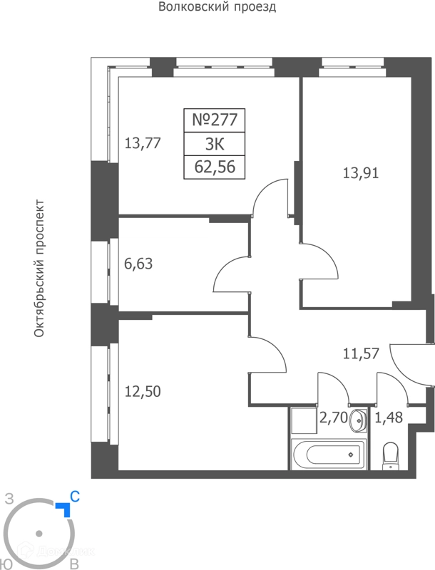 3-комнатные апартаменты 63 м² Волковская 67
