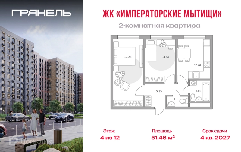 2-комнатная квартира 51.46 м² Императорские Мытищи