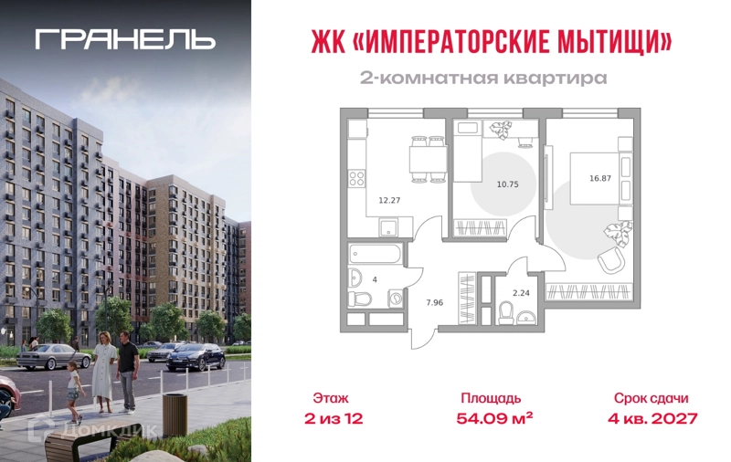 2-комнатная квартира 54.09 м² Императорские Мытищи