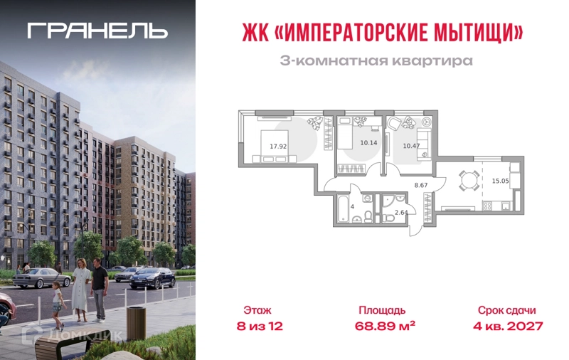 3-комнатная квартира 68.89 м² Императорские Мытищи