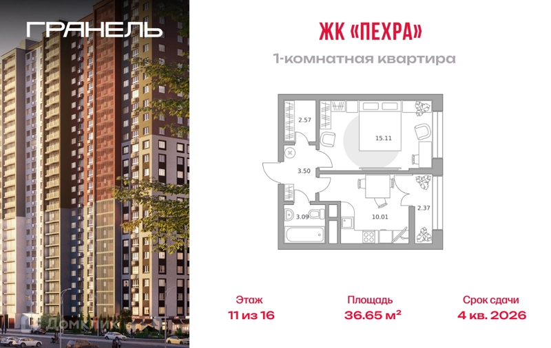 1-комнатная квартира 36.65 м² Пехра