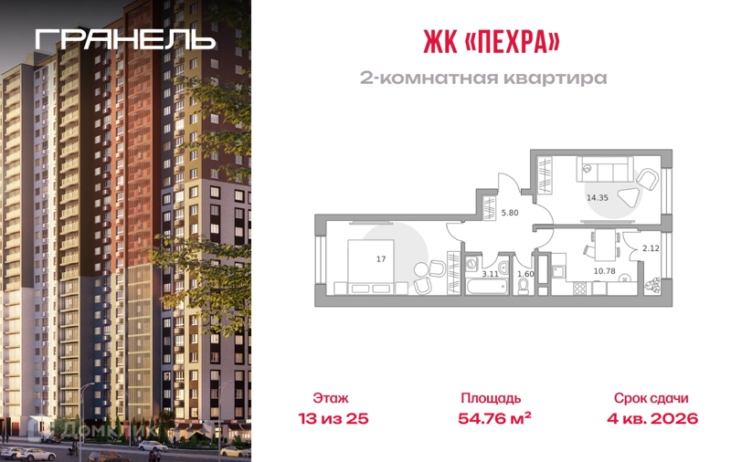 2-комнатная квартира 54.76 м² Пехра