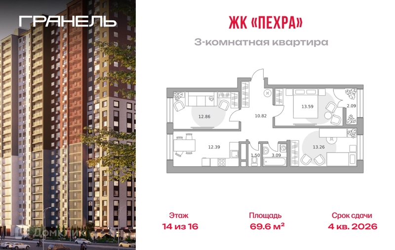 3-комнатная квартира 69.6 м² Пехра