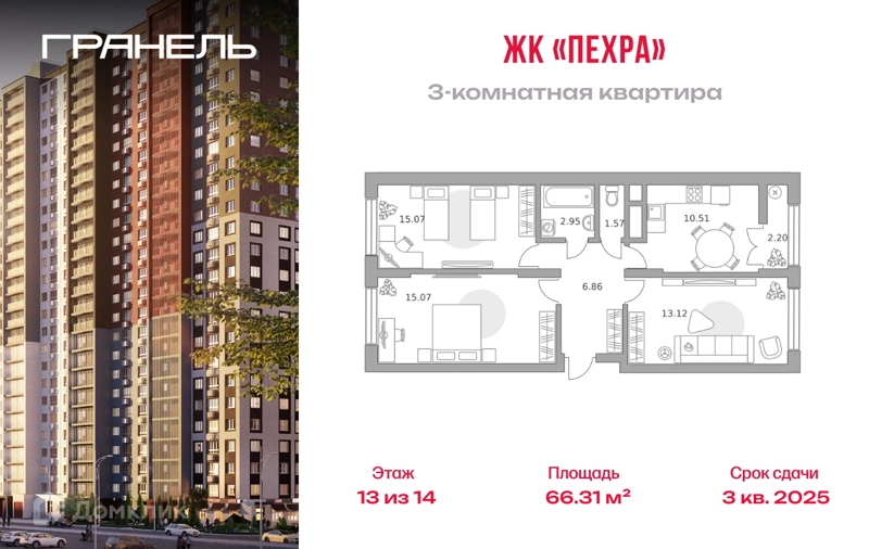 3-комнатная квартира 66.31 м² Пехра