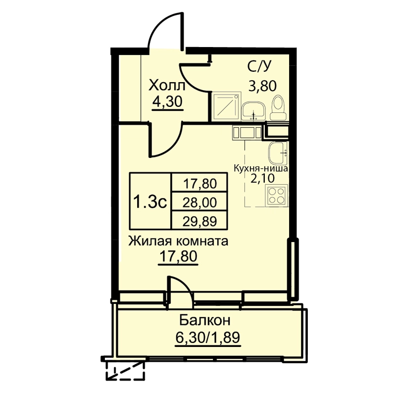 Студия 29.89 м² Кашинцево