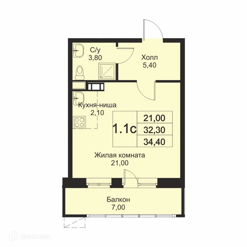 Студия 34.4 м² Кашинцево