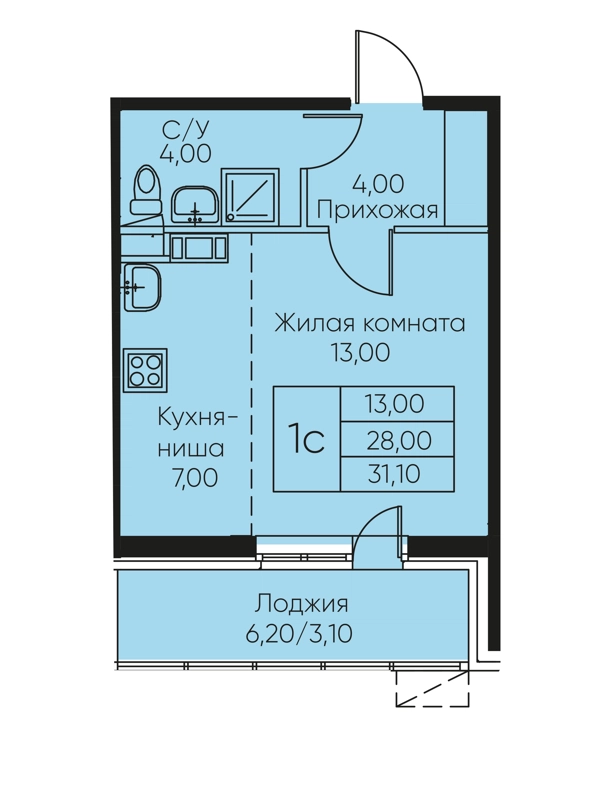 Студия 31.1 м² Кашинцево