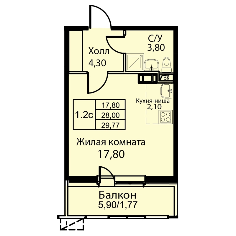Студия 29.77 м² Кашинцево