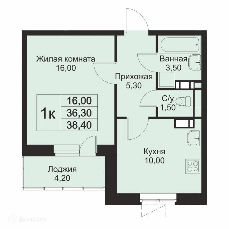 1-комнатная квартира 38.4 м² Кашинцево