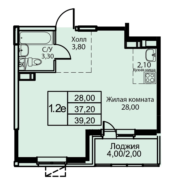 1-комнатная квартира 39.2 м² Кашинцево