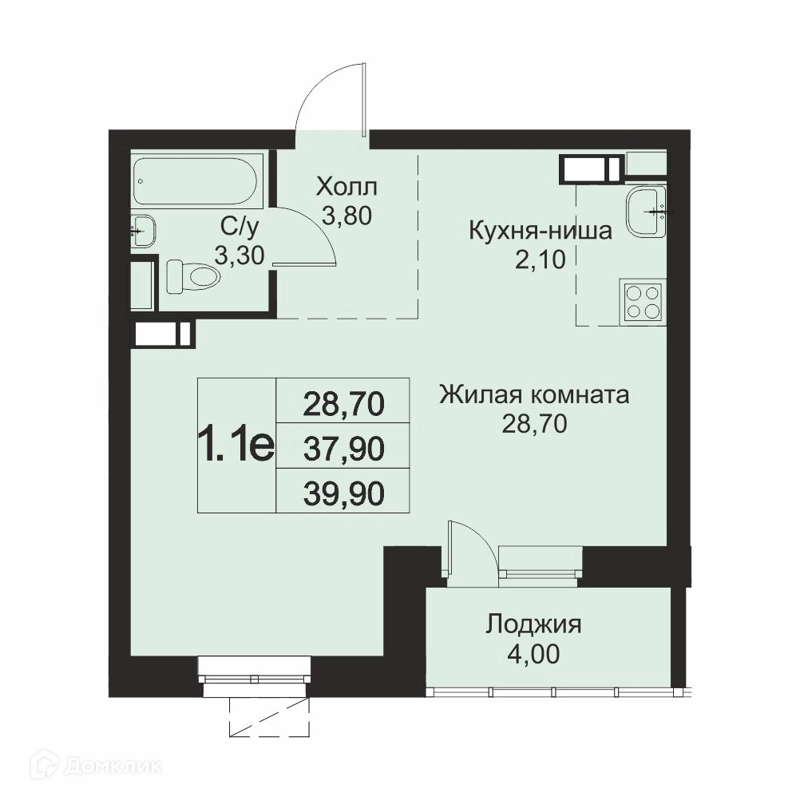 1-комнатная квартира 39.9 м² Кашинцево