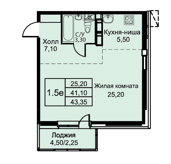 1-комнатная квартира 43.35 м² Кашинцево