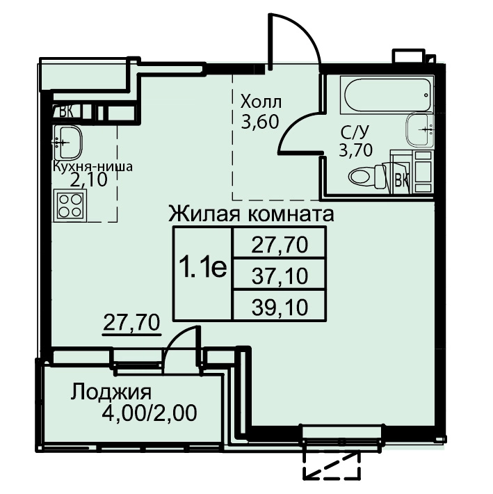 1-комнатная квартира 39.1 м² Кашинцево