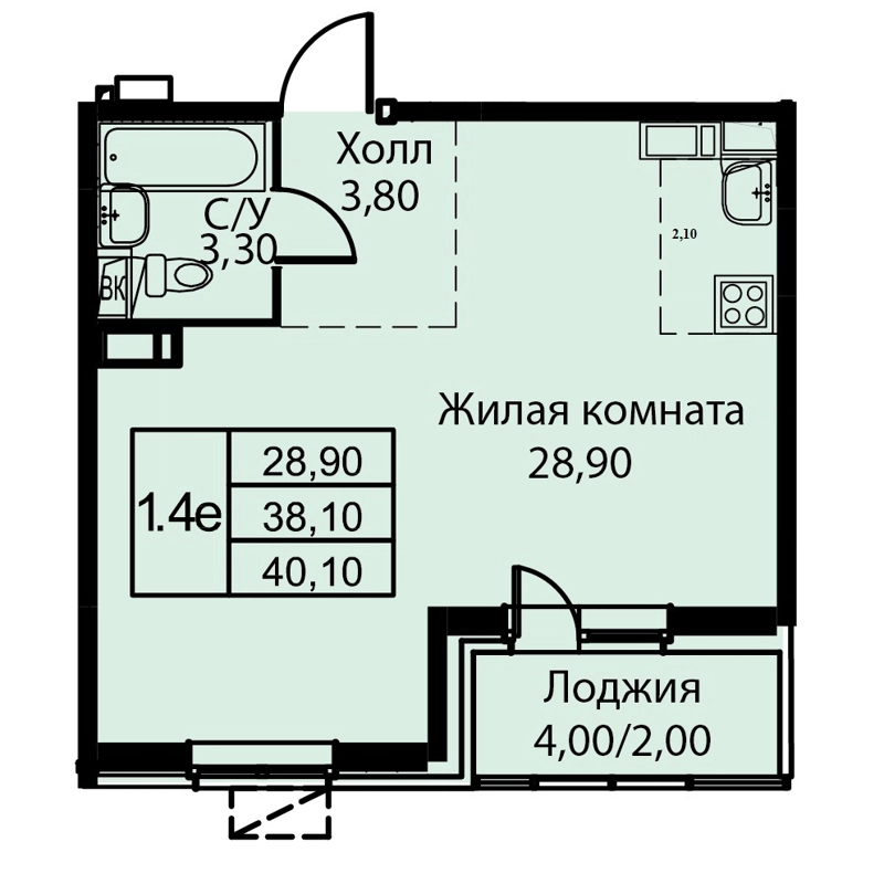 1-комнатная квартира 40.1 м² Кашинцево