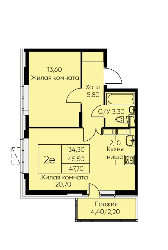 2-комнатная квартира 47.7 м² Кашинцево