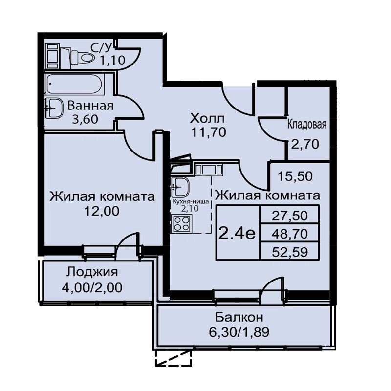2-комнатная квартира 52.59 м² Кашинцево