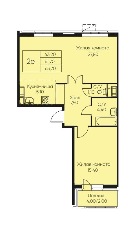 2-комнатная квартира 63.7 м² Кашинцево
