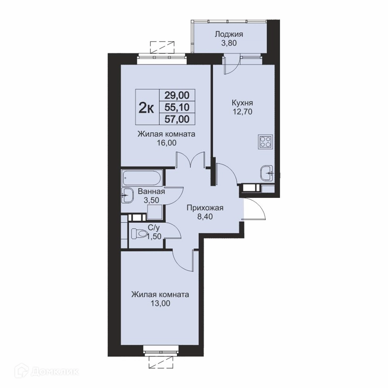 2-комнатная квартира 57 м² Кашинцево