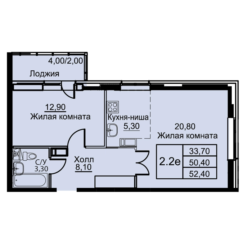 2-комнатная квартира 52.4 м² Кашинцево