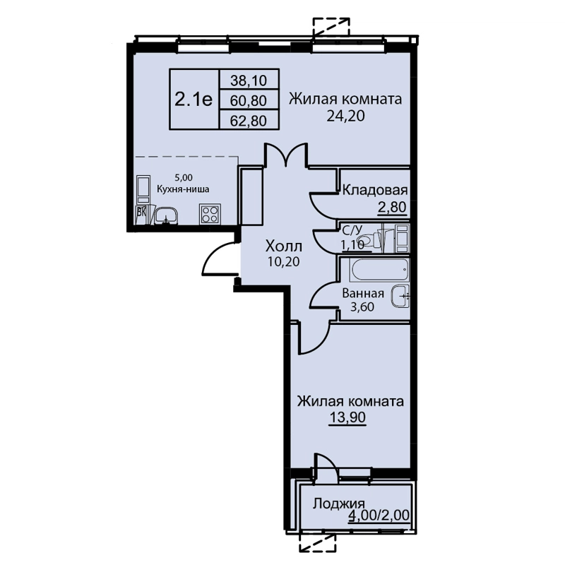 2-комнатная квартира 62.8 м² Кашинцево