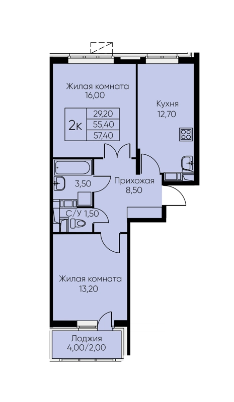 2-комнатная квартира 57.4 м² Кашинцево