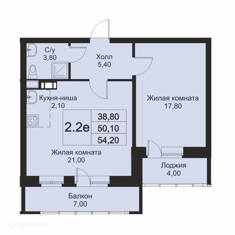 2-комнатная квартира 54.2 м² Кашинцево