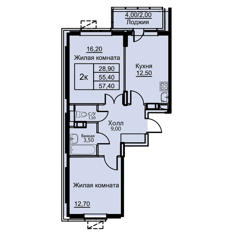 2-комнатная квартира 57.4 м² Кашинцево
