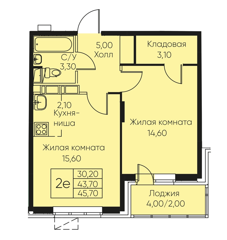 2-комнатная квартира 45.7 м² Кашинцево