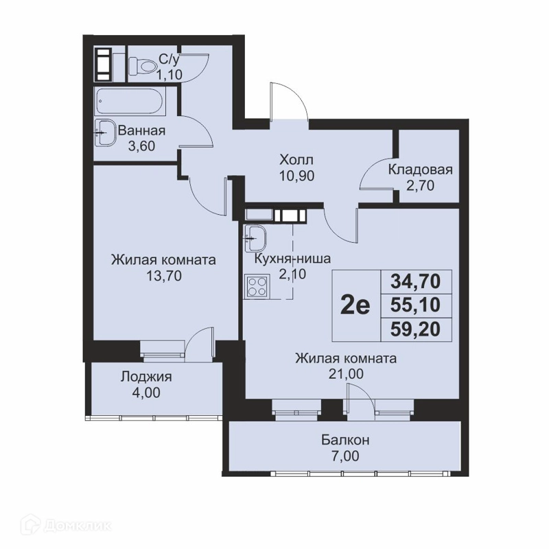 2-комнатная квартира 59.2 м² Кашинцево