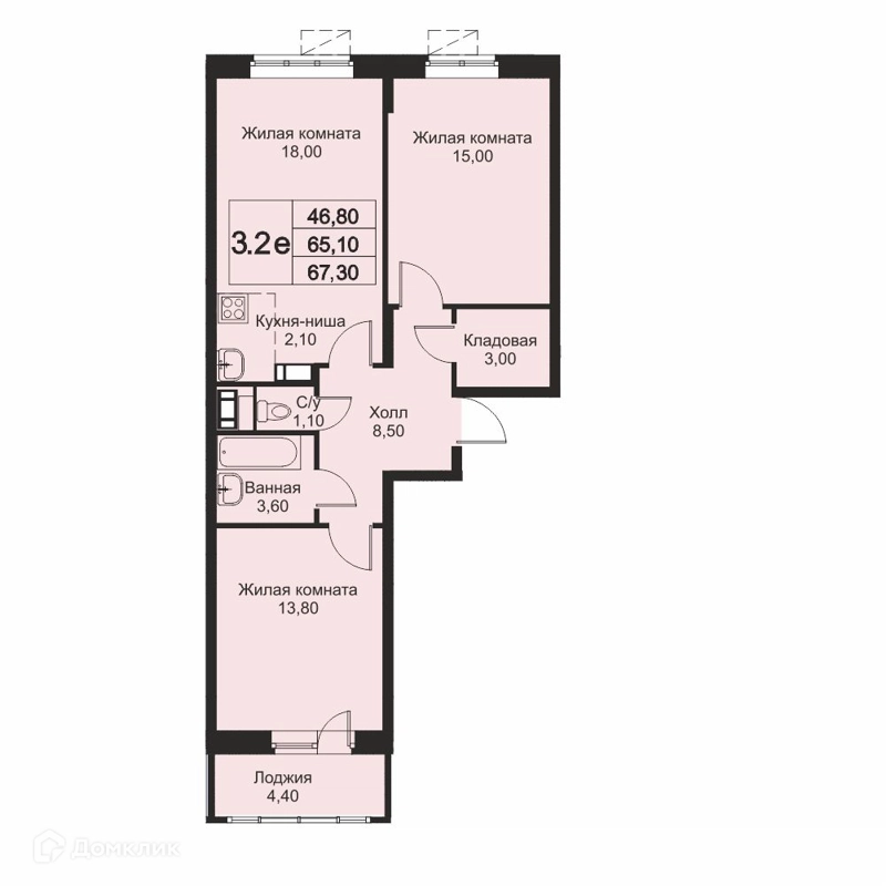 3-комнатная квартира 67.3 м² Кашинцево