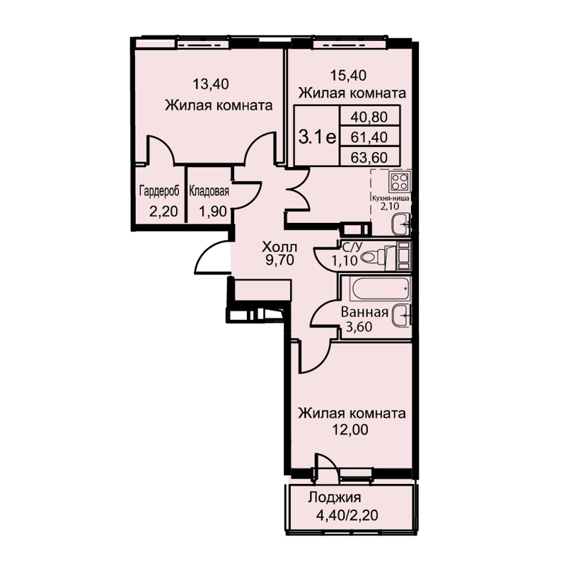 3-комнатная квартира 63.6 м² Кашинцево