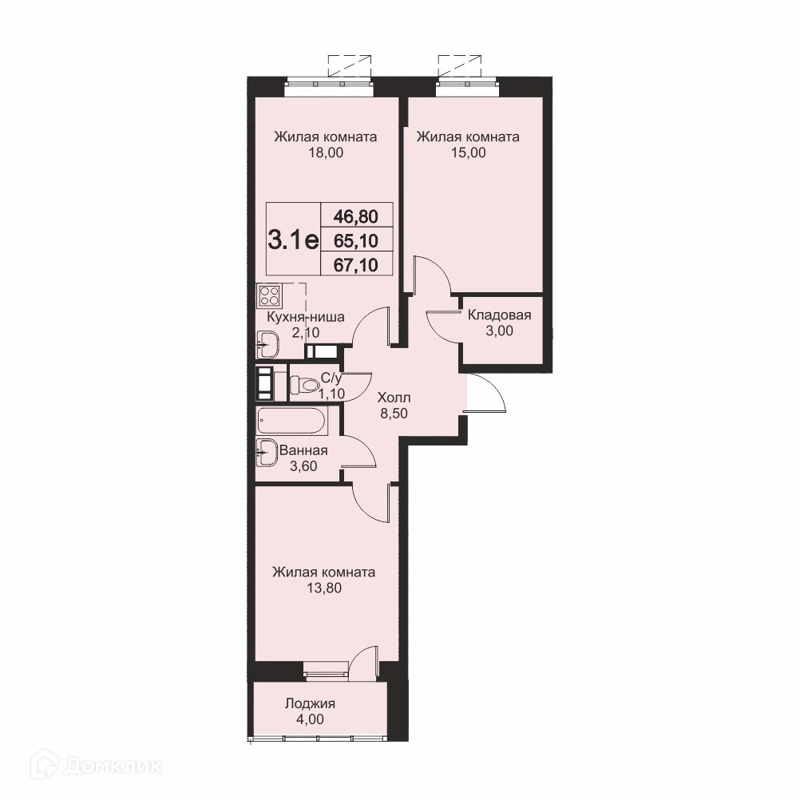 3-комнатная квартира 67.1 м² Кашинцево