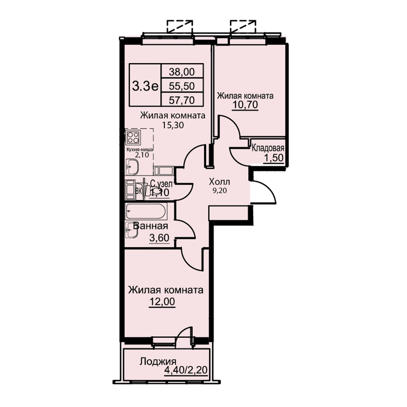 3-комнатная квартира 57.7 м² Кашинцево