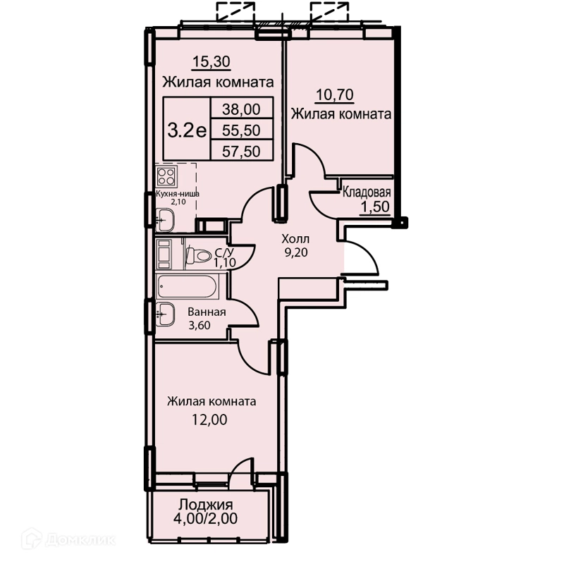 3-комнатная квартира 57.5 м² Кашинцево