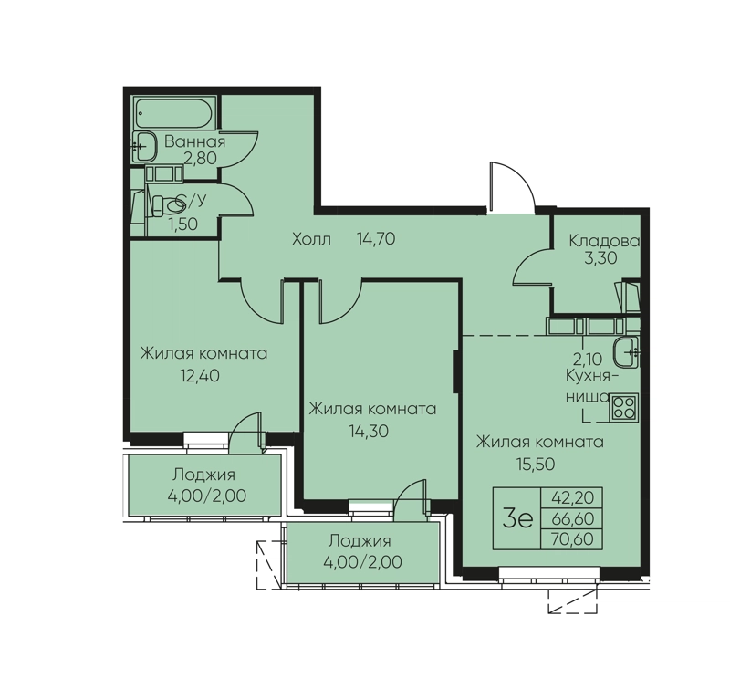 3-комнатная квартира 70.6 м² Кашинцево