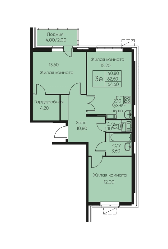 3-комнатная квартира 64.6 м² Кашинцево