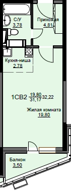 Студия 32.6 м² Соболевка