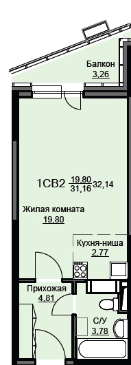 Студия 32.6 м² Соболевка