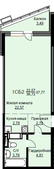 Студия 38.2 м² Соболевка
