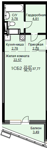 Студия 38.4 м² Соболевка