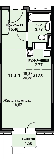 Студия 31.8 м² Соболевка