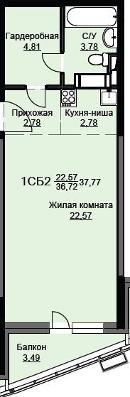 Студия 38 м² Соболевка