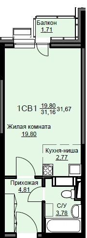 Студия 32.3 м² Соболевка