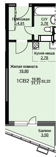 Студия 32.6 м² Соболевка