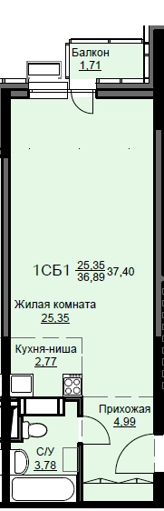 Студия 37.7 м² Соболевка