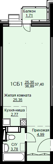 Студия 38 м² Соболевка